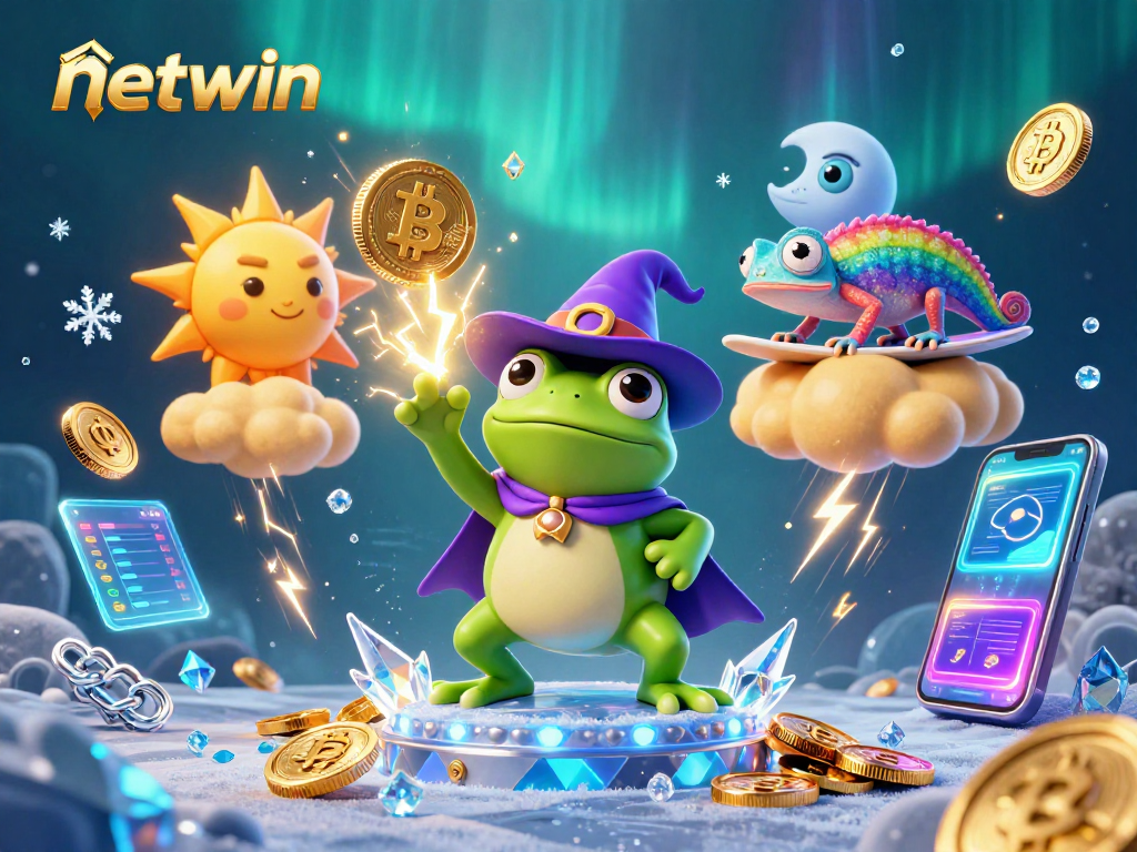 Experience the thrill of netwin with a vibrant scene of magical creatures and cryptocurrency elements.
