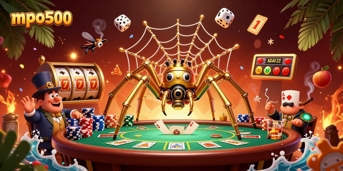 Catch lucky rewards with mpo500's golden spider and vibrant slot elements in a dynamic casino scene.