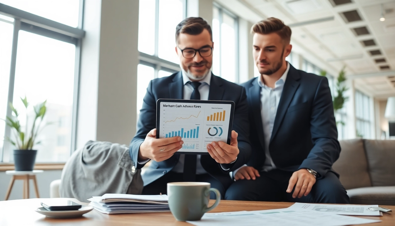 Consultation on merchant cash advance rates with a financial advisor in a modern office.