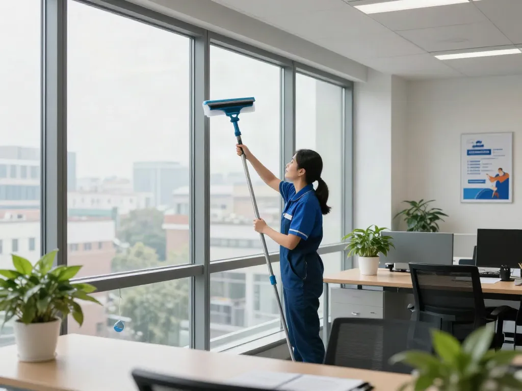 Die Putzfirma Bochum reinigt Fenster in einem modernen Büro mit viel Tageslicht.