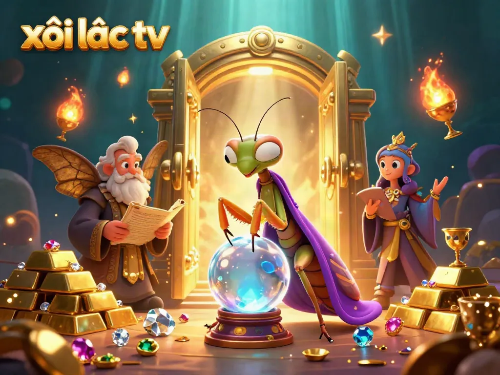 Experience the magic of xôi lạc tv with fortunes revealed by a mystical mantis and librarian in a treasure-filled realm.