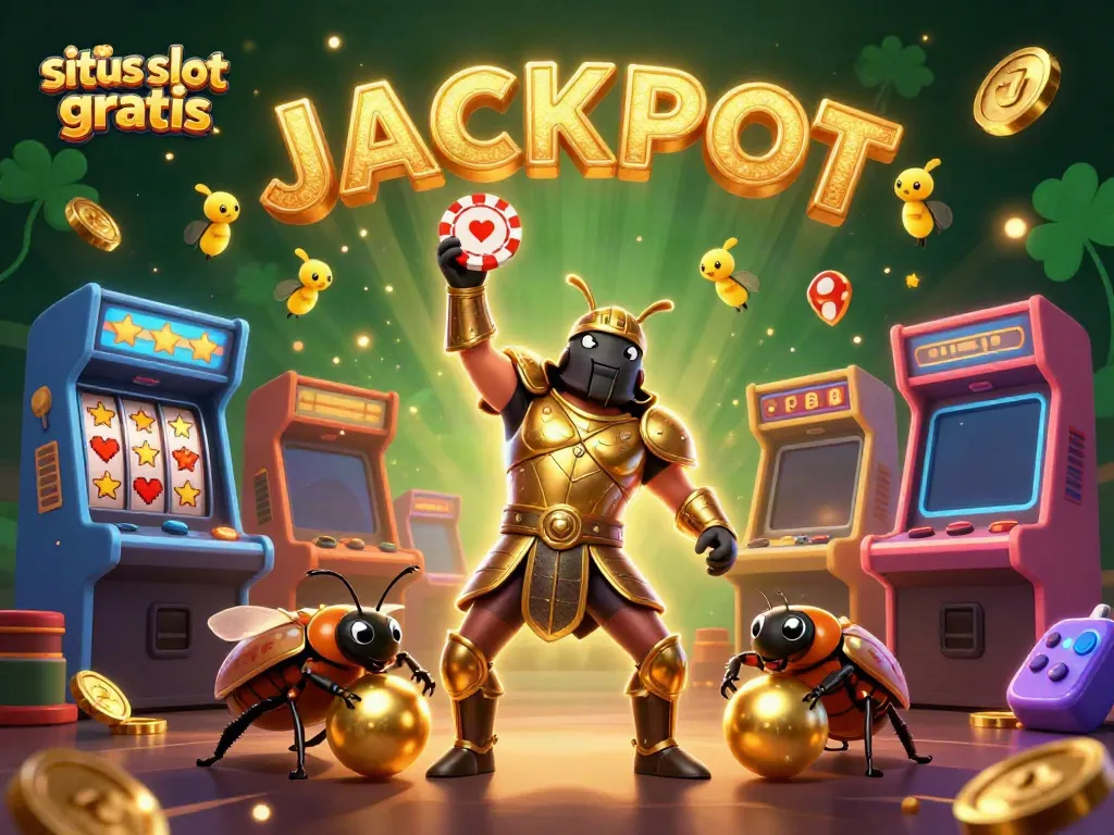 Celebrate wins with situs slot gratis themed illustration featuring vibrant casino elements and characters.