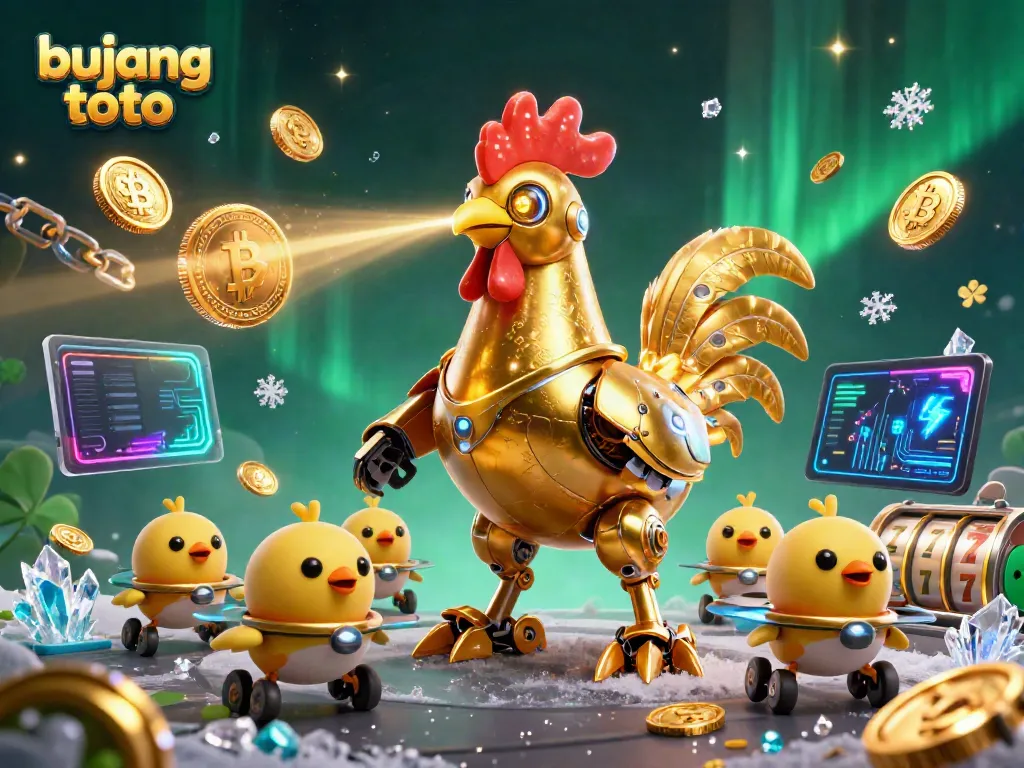 Engage with bujang toto, featuring a retro-futuristic golden rooster robot and baby chick drones among glowing crypto coins.