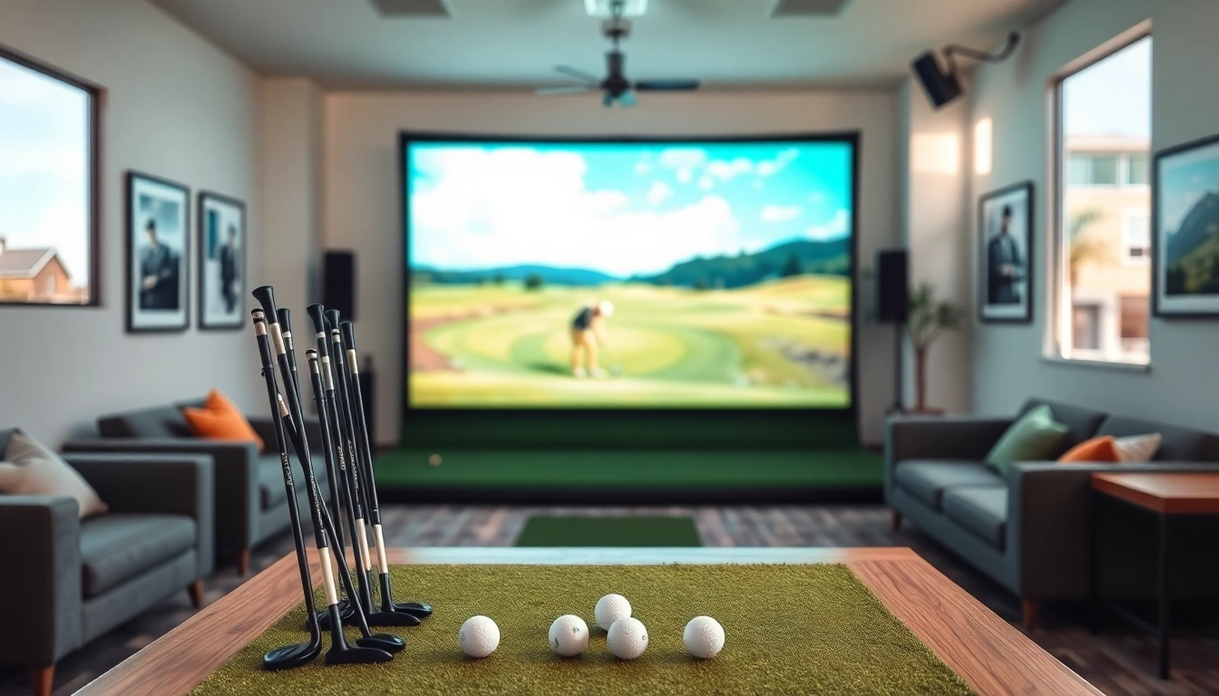 Experience a high-tech simulator in an inviting indoor golf space featuring vibrant colors.