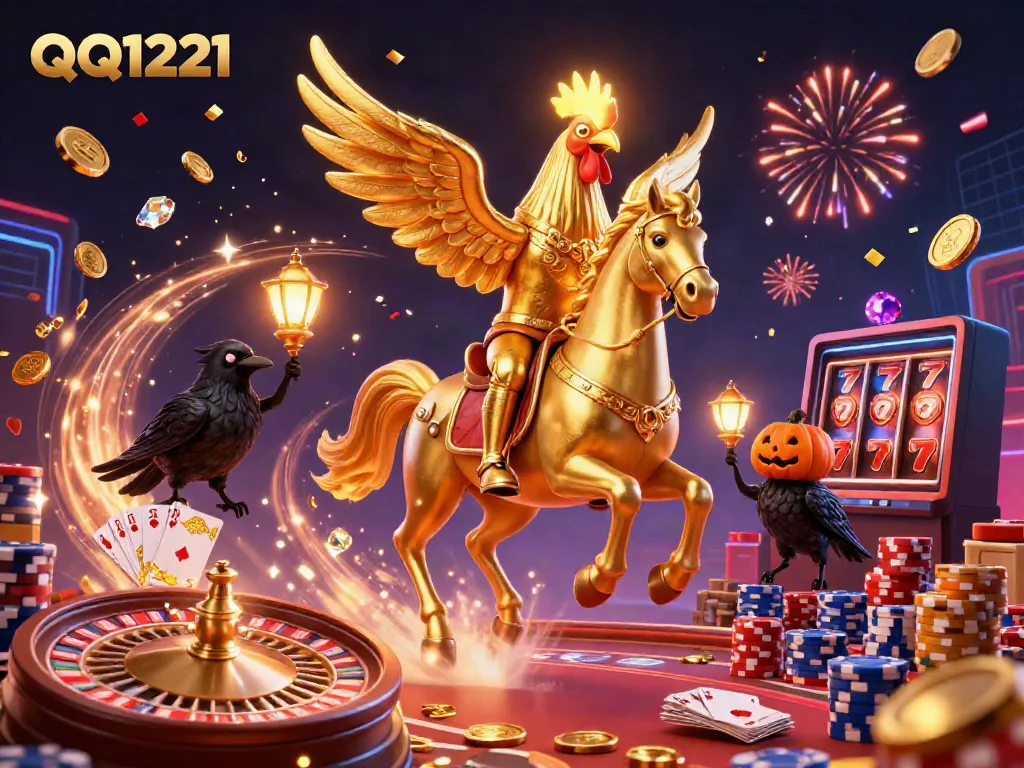 Experience the thrill of QQ1221 in a vibrant casino scene filled with golden coins and jackpot excitement.