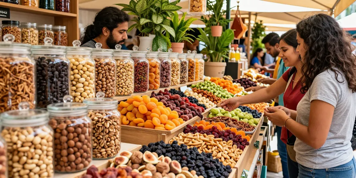 M98 สล็อตเว็บตรงไม่ผ่านเอเย่นต์ featured in a busy marketplace showcasing fresh nuts and dried fruits.