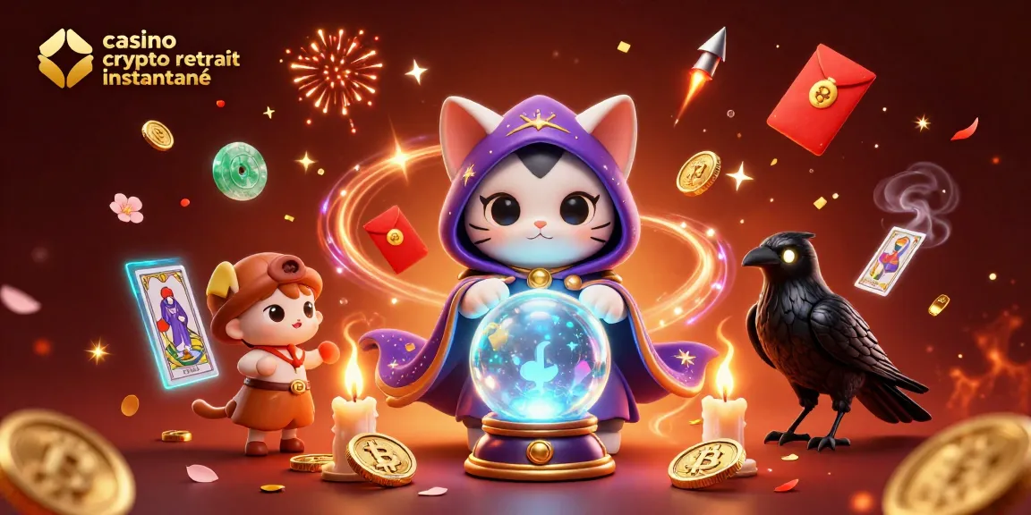 Visualisez l'action palpitante du casino crypto retrait instantané avec une illustration colorée de personnages mystiques et éléments d'argent numériques.