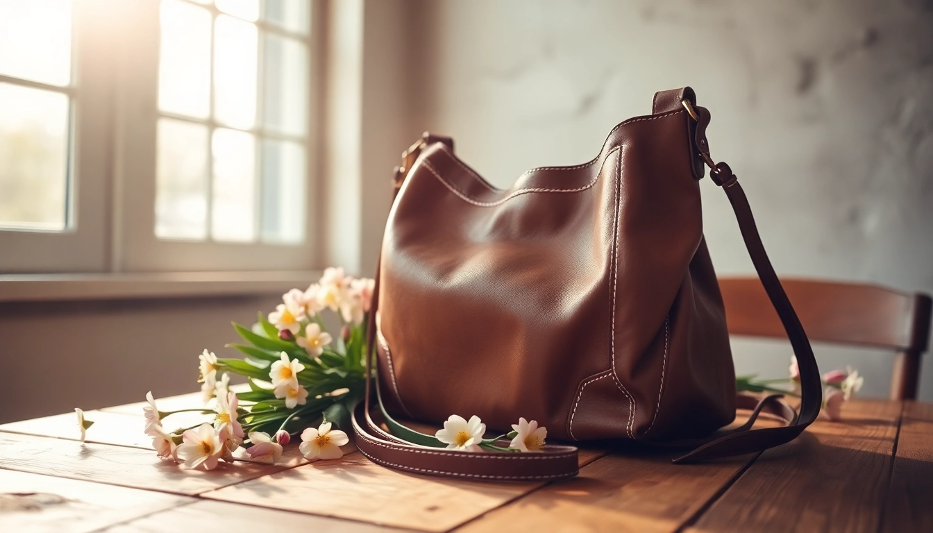 Showcase of a hobo style bag with intricate design features on a rustic wooden table.
