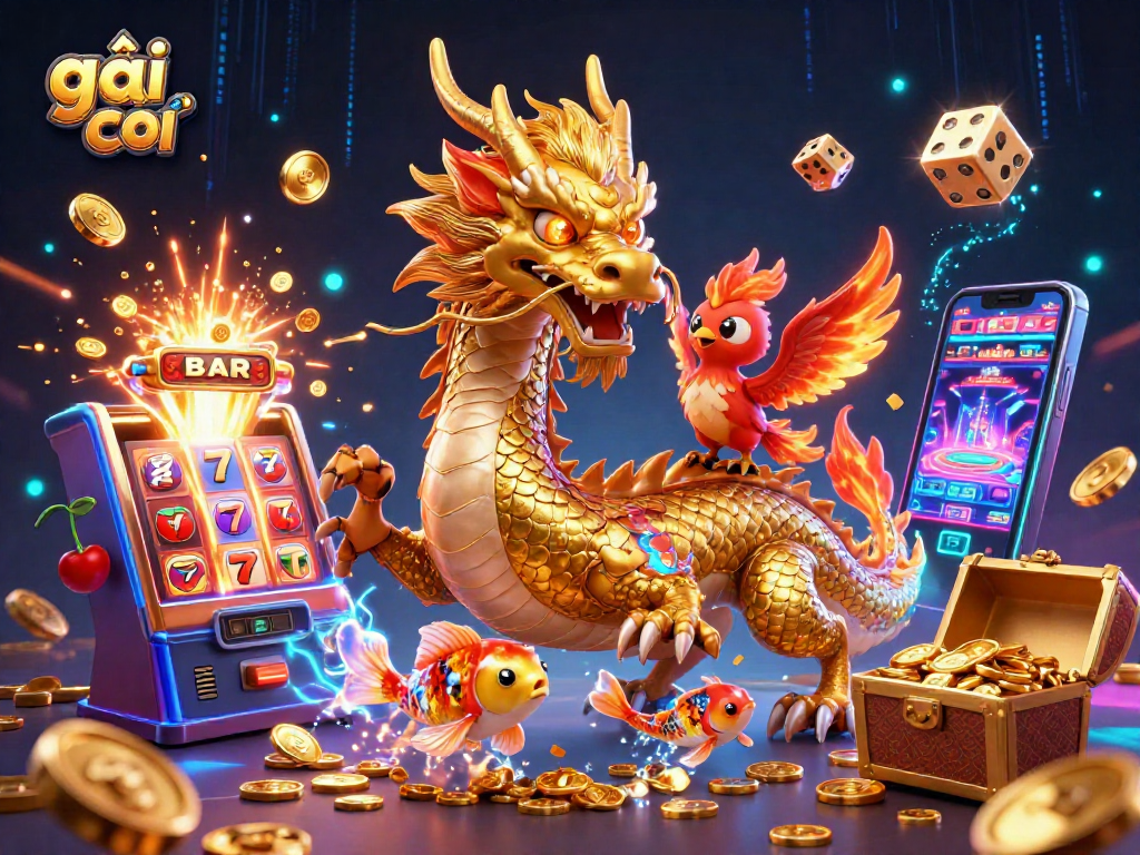 Hình ảnh gái gọi hào hứng bên cạnh rồng vàng tại sòng bạc với tiền xu bay lên.