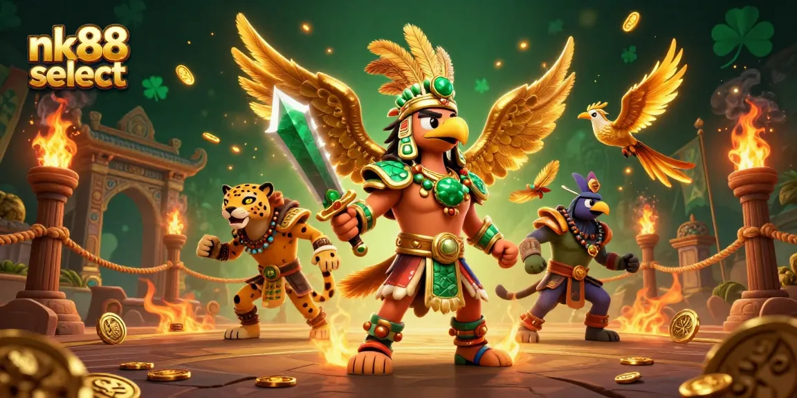 Experience thrilling gaming action with nk88 select's dynamic Aztec warriors and casino elements in a vibrant 3D scene.