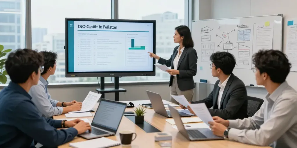 ISO Certification in Pakistan workshop with diverse professionals collaborating in a modern office setting.