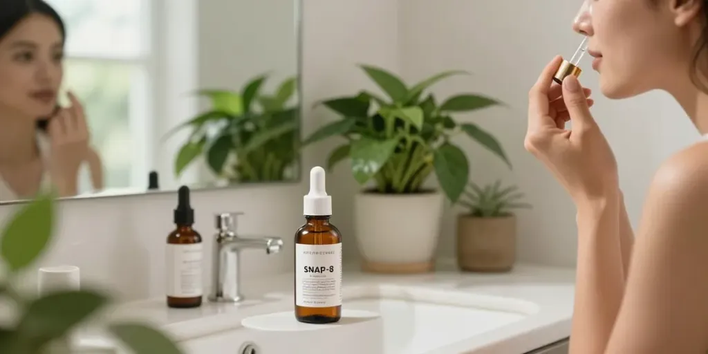 Applying snap-8 peptide serum in a sunny bathroom, highlighting skincare routine
