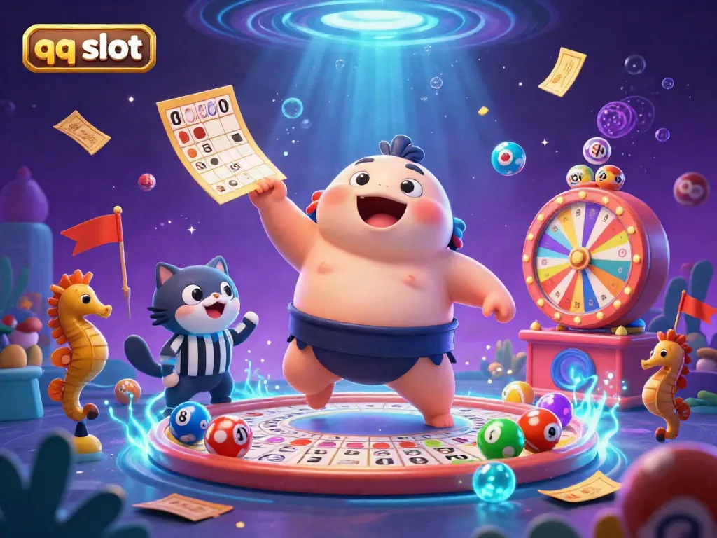Engage in thrilling qq slot action with a dynamic underwater scene featuring a fugu and catfish referees among vibrant game elements.