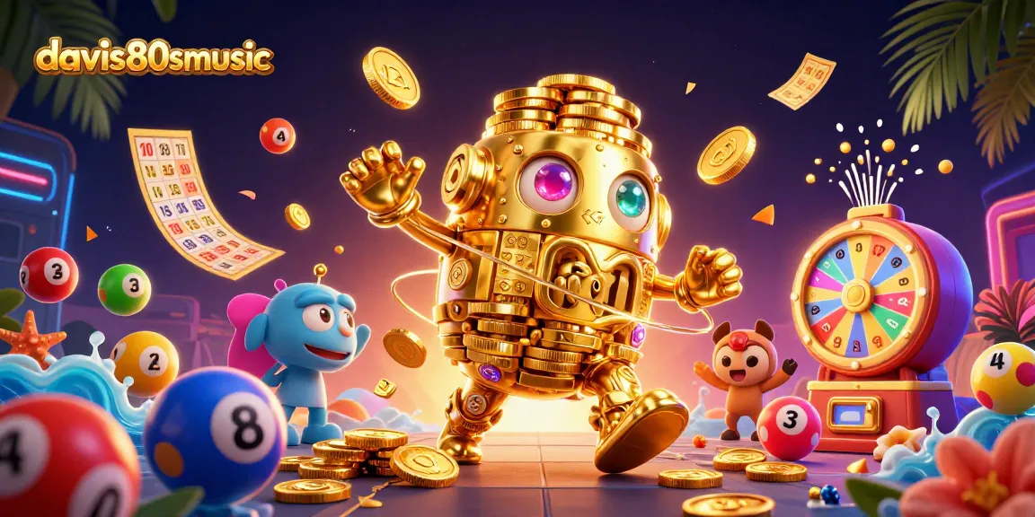 davis80smusic brings excitement with a golden golem amidst dynamic lottery elements in a vibrant casino scene.