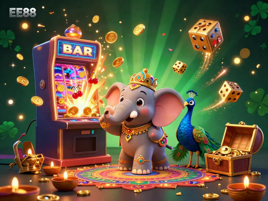Spin the reels at EE88 with vibrant casino-themed illustrations showcasing excitement and rewards.