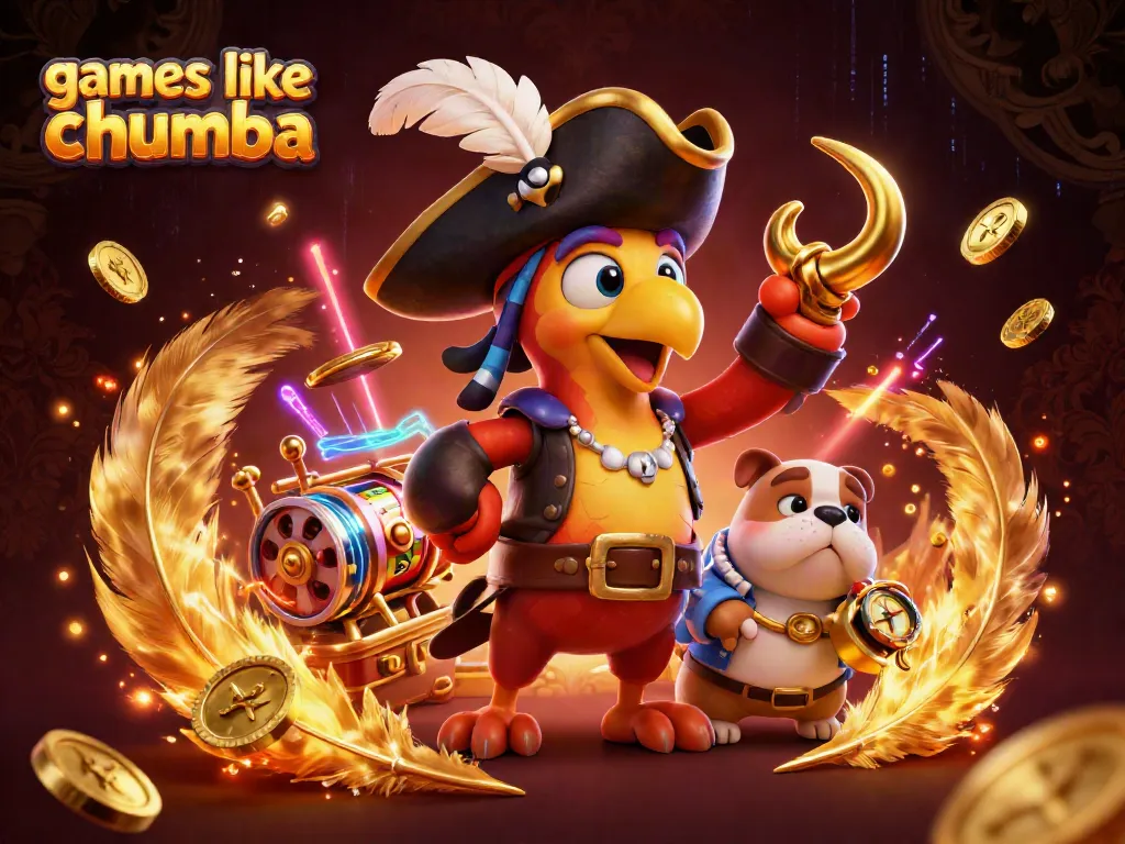 Experience games like Chumba with a vibrant 3D pirate-themed casino scene showcasing animated characters and gold coins.