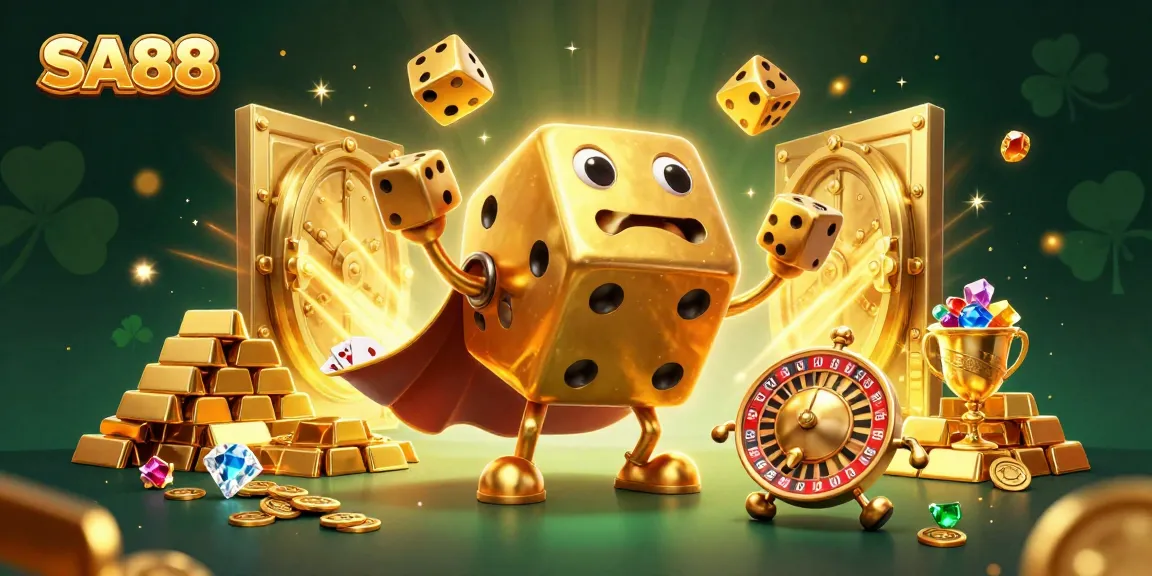SA88 grabs attention with thrilling golden dice, vibrant gems, and a lively casino backdrop.