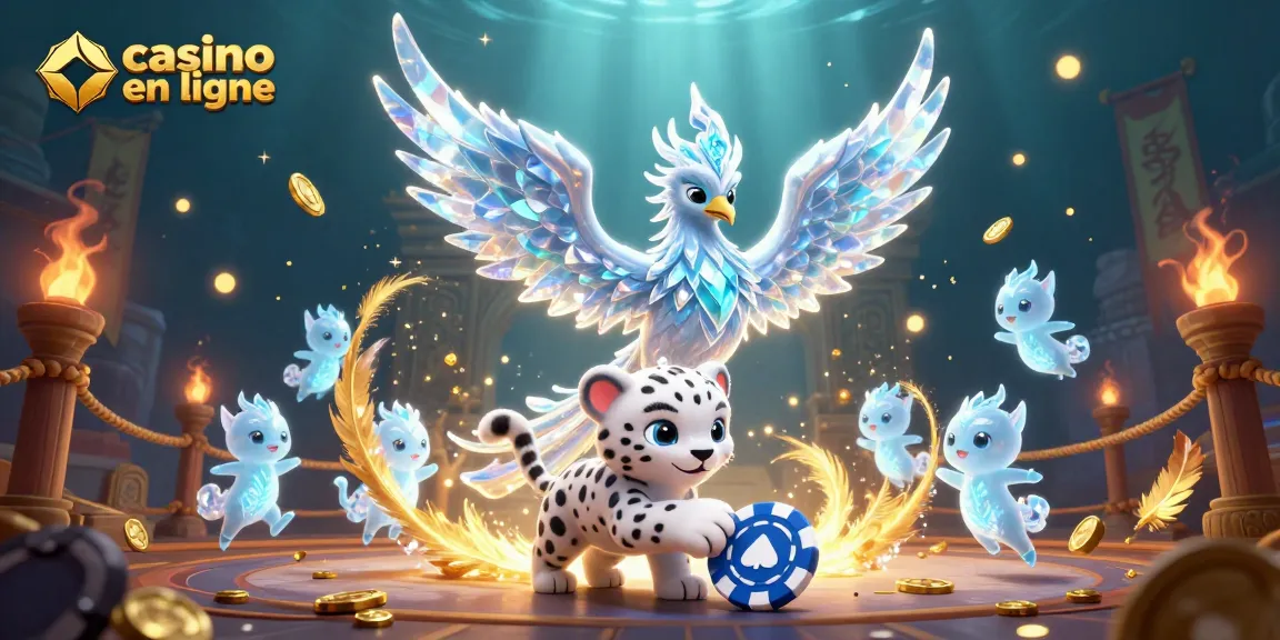 Illustration d'un phoenix de glace et d'un léopard des neiges dans un univers de casino en ligne brillant et féerique.