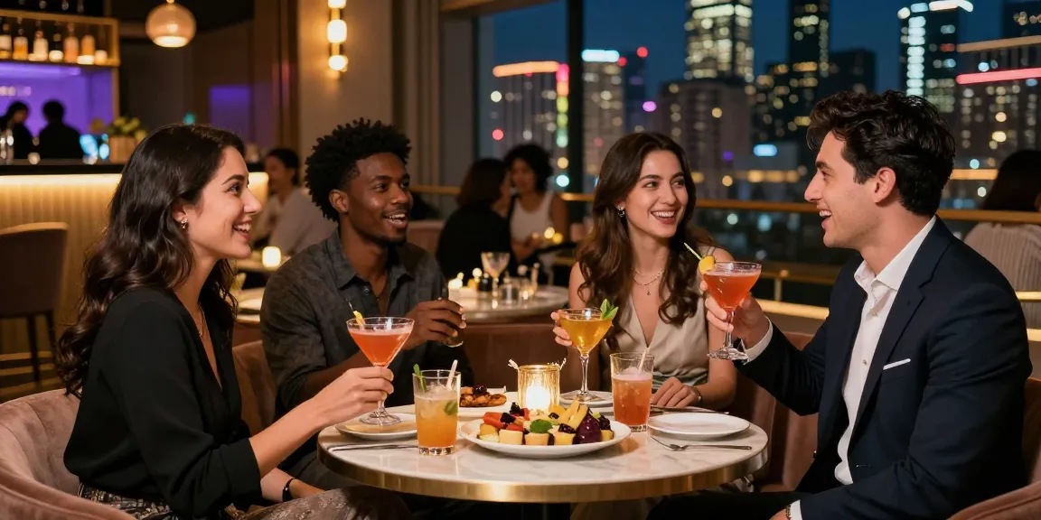Exciting urban nightlife scene highlighting 오피사이트 culture, with well-dressed individuals enjoying drinks and lively conversation.