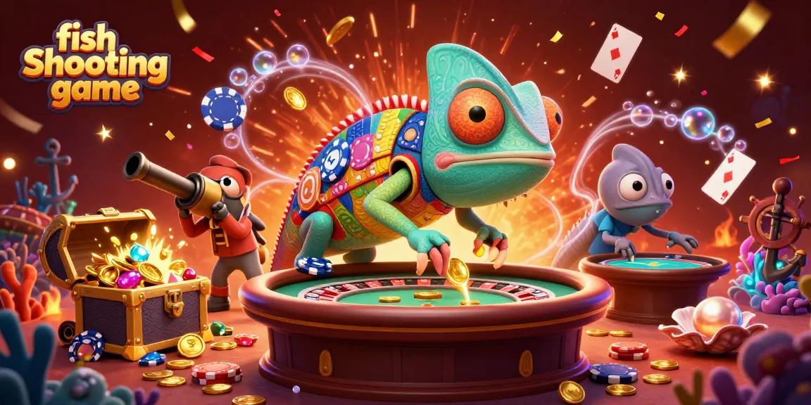 Play and win with the exciting fish shooting game, featuring vibrant underwater elements and dynamic chameleon character.