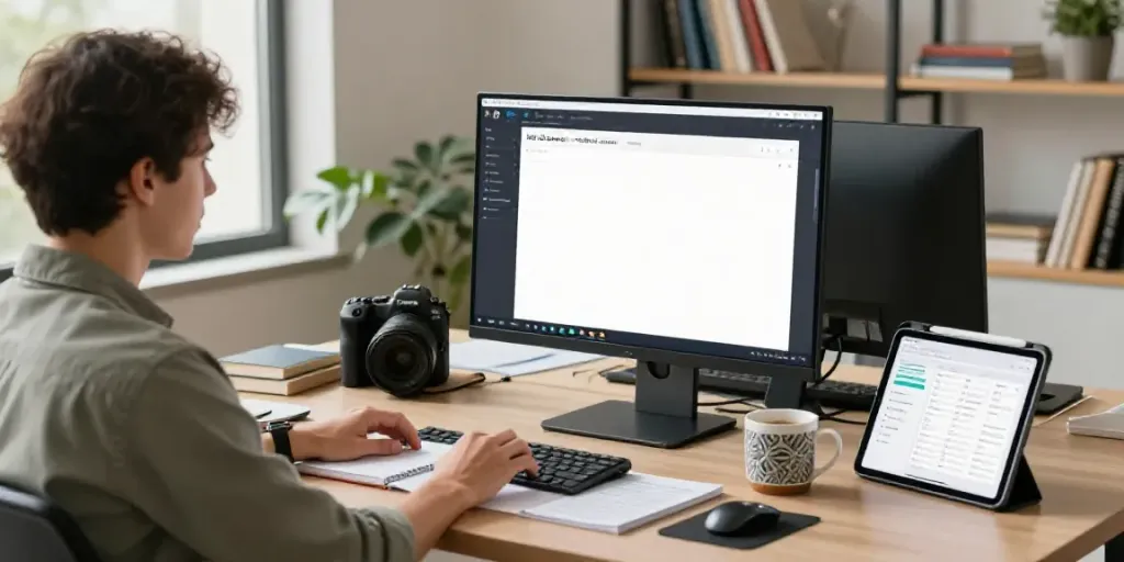 Learn how to write SEO content with AI in a modern workspace, showcasing tools and creativity.