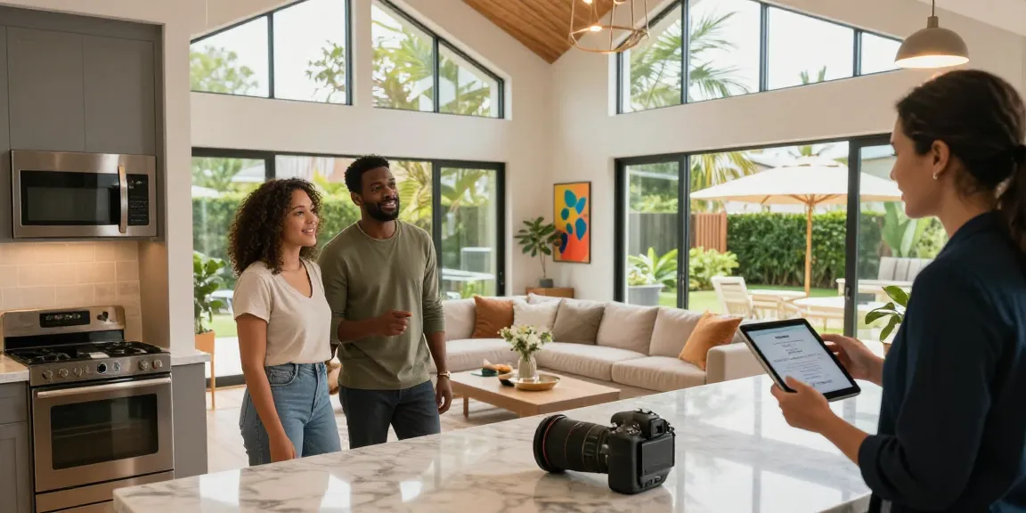Engaging scene of home tour with real estate agent showing modern features, highlighting real estate pbn links.