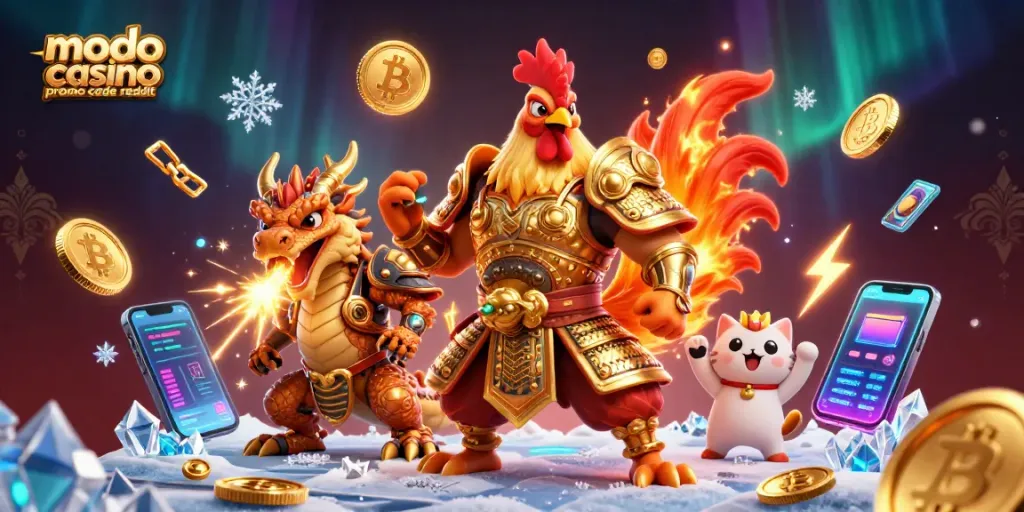 Play and win with modo casino promo code reddit in an animated casino atmosphere filled with crypto elements and vibrant characters.