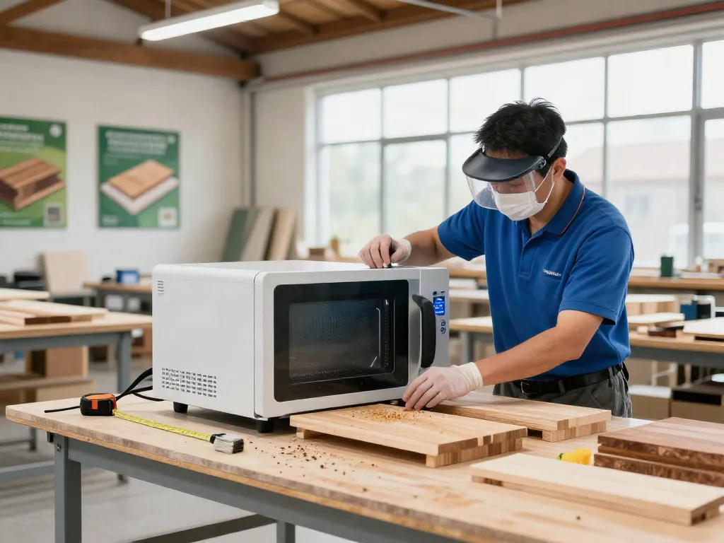 SHASHEL® technology in action, showcasing microwave treatment for woodworm elimination in a modern workshop.
