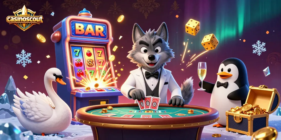 Experience the excitement of casinoscout with a lively baccarat scene featuring charming characters and vibrant slot machine elements.