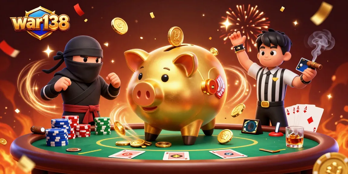 Engage in thrilling gameplay with war138, featuring iconic characters around a lively poker table.