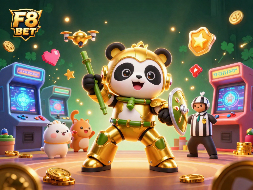 Engage with F8 BET in a vibrant casino scene featuring a mech-suit panda and game machines.