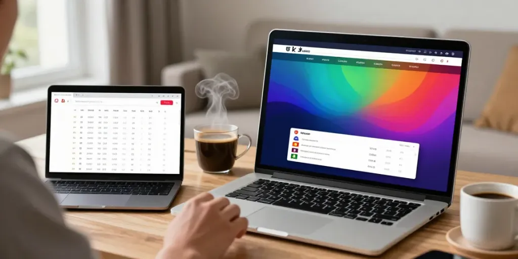 User engaging with a modern togel online platform interface on a laptop, surrounded by lottery statistics and a warm workspace.