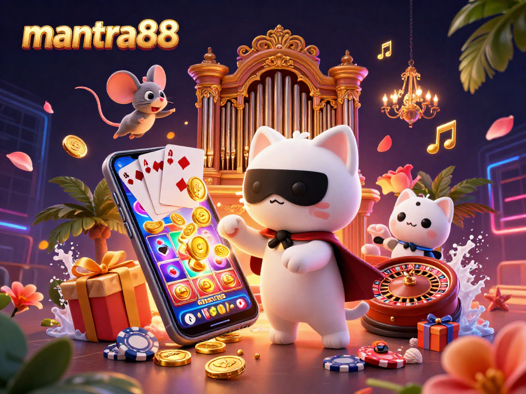 Engage with mantra88's vibrant casino scene featuring a whimsical phantom cat and acrobat mouse.