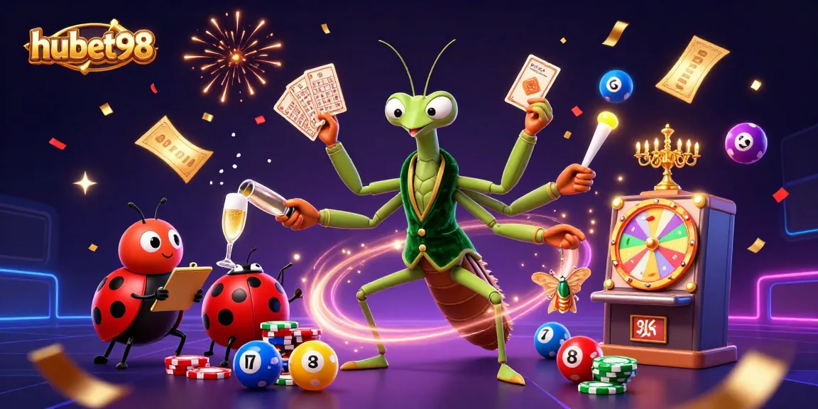 Engage with hubet98 in a vibrant lottery scene featuring a card sharp and a pit boss amidst colorful balls and prizes.