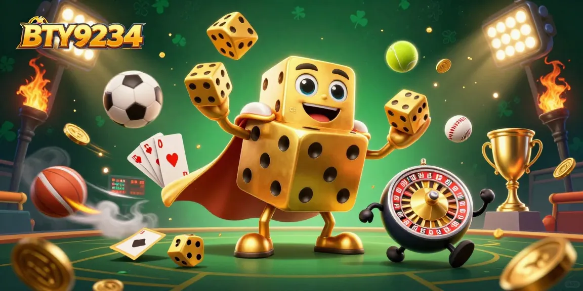 Engage with BTY9234 at a vibrant casino filled with golden dice, sports elements, and glowing trophies.