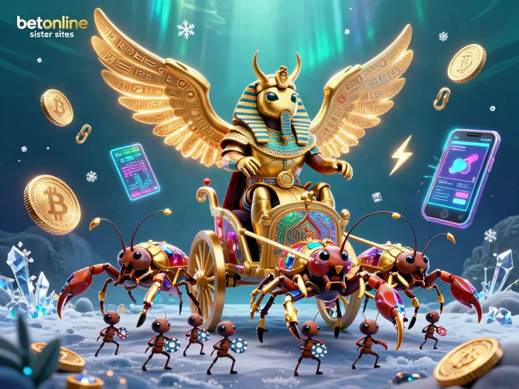 Engage with betonline sister sites through this vibrant 3D illustration showcasing a golden scarab and crypto elements.