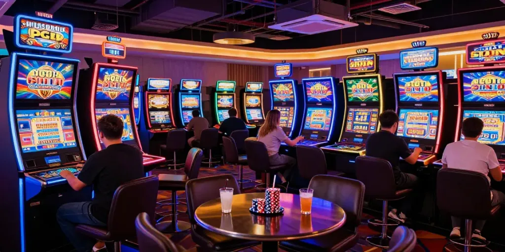 Diverse players enjoying PG SLOT games in a vibrant casino environment with colorful machines.