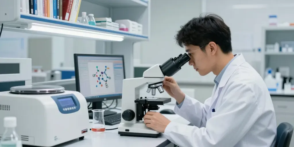 Scientist analyzing SS-31 peptide in a professional laboratory setting for research purposes.