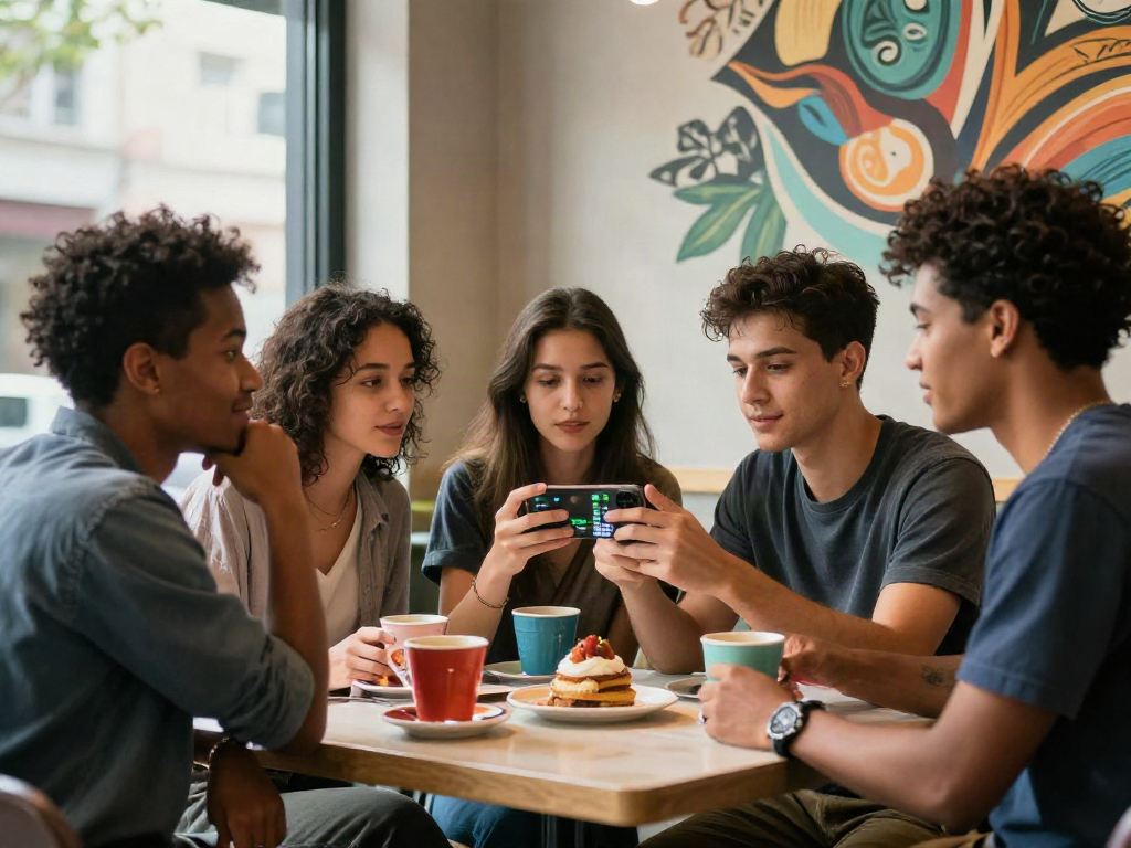 Test attractiveness using a smartphone in a trendy café with friends.