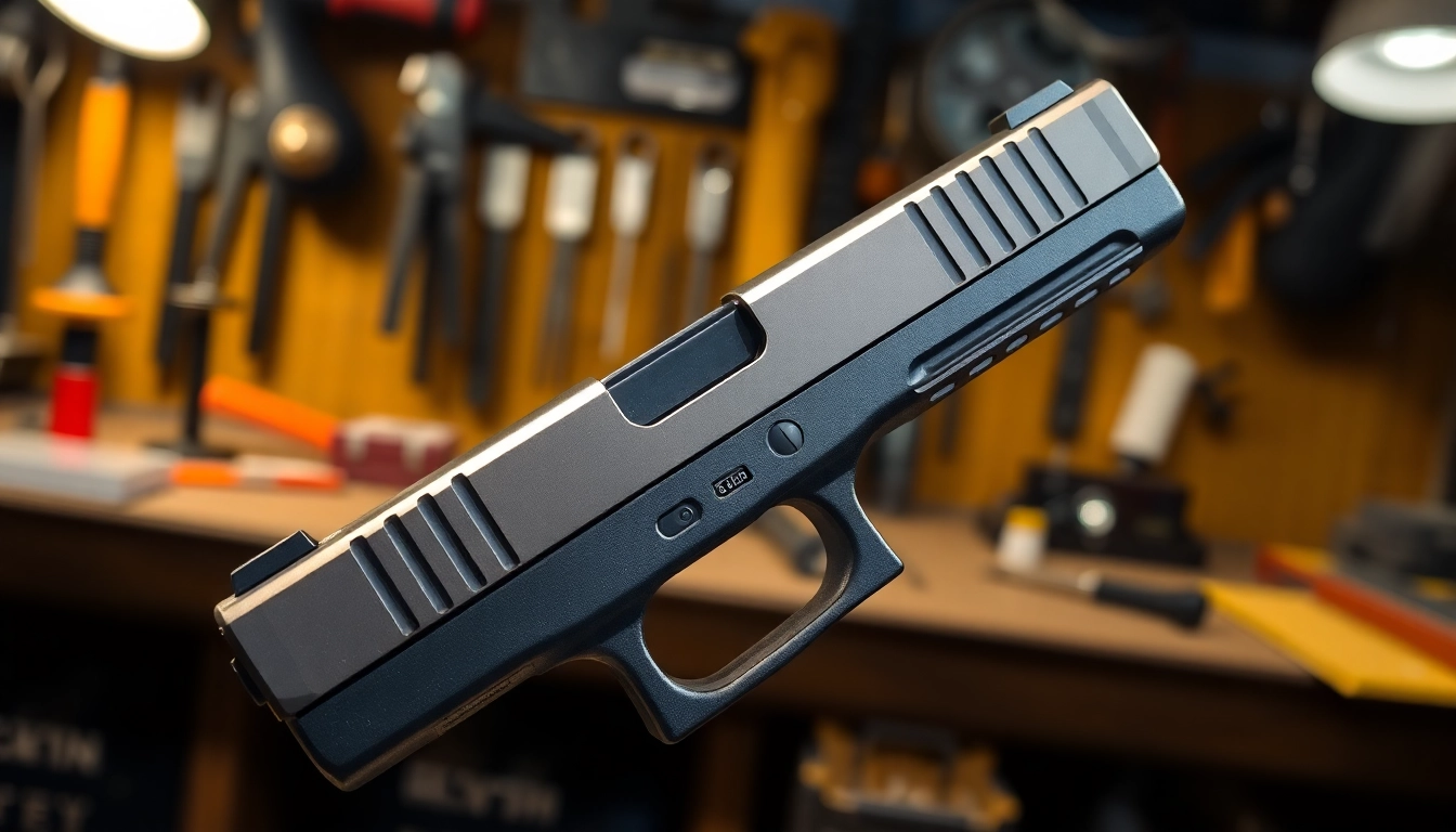Showcase of glock 17 gen 5 slide in a workshop, emphasizing detailed craftsmanship and metallic finish.