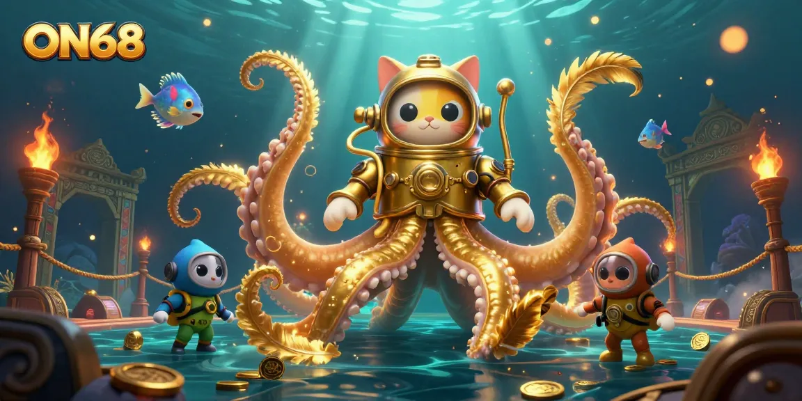 Experience the underwater excitement of ON68 with a golden kraken and a diving cat in action.
