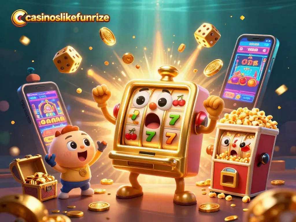 Experience the excitement at casinoslikefunrize with vibrant slots and cheering machines in a jackpot celebration.