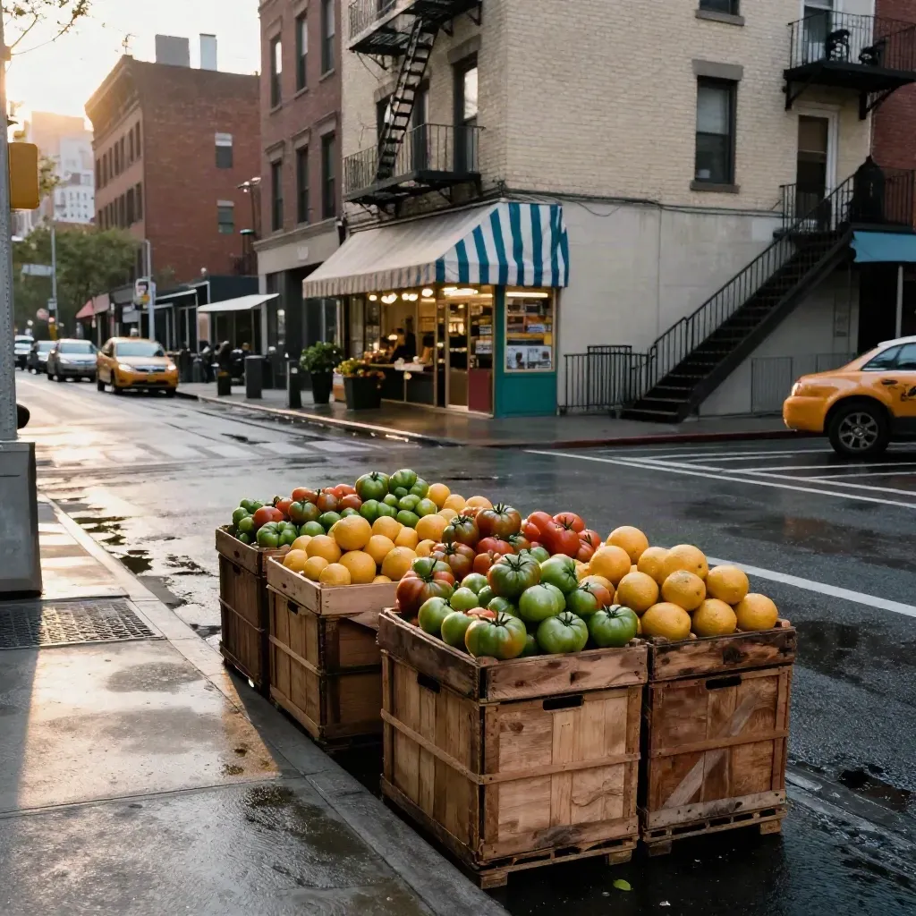 Wet NYC corner with produce crates, deli awning, subway stairs, fire escapes and taxi reflections.