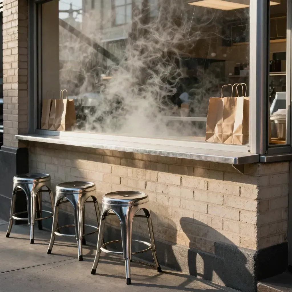 Steam fogs a Flatiron lunch window with chrome stools, kraft bags and a glowing counter.