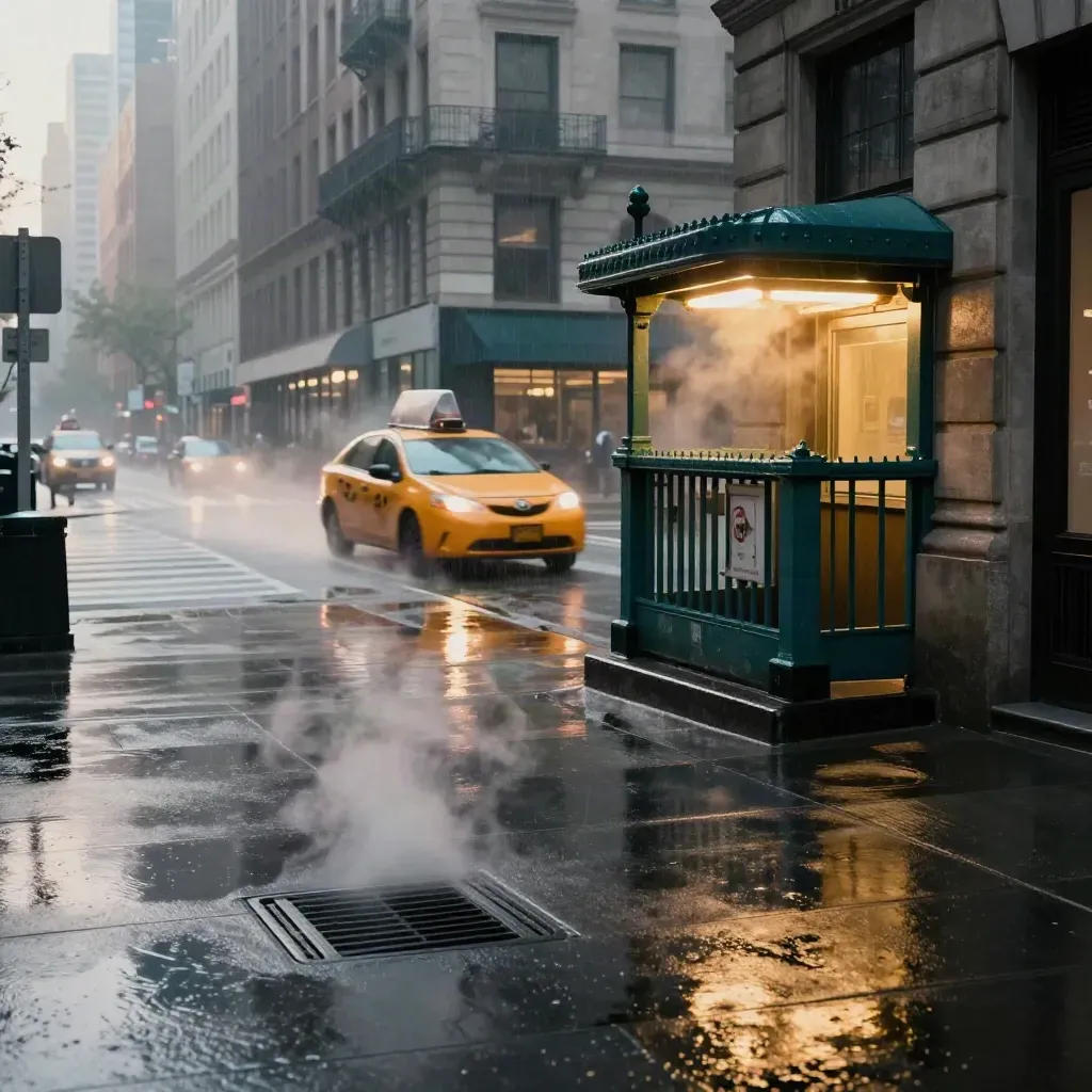 Rain-slick Manhattan corner with steaming vent, glowing subway entrance, and a yellow taxi at dawn