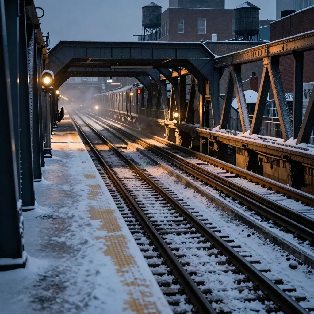 Snowy elevated M train track curves above a city block at dusk with glowing signals and headlights.