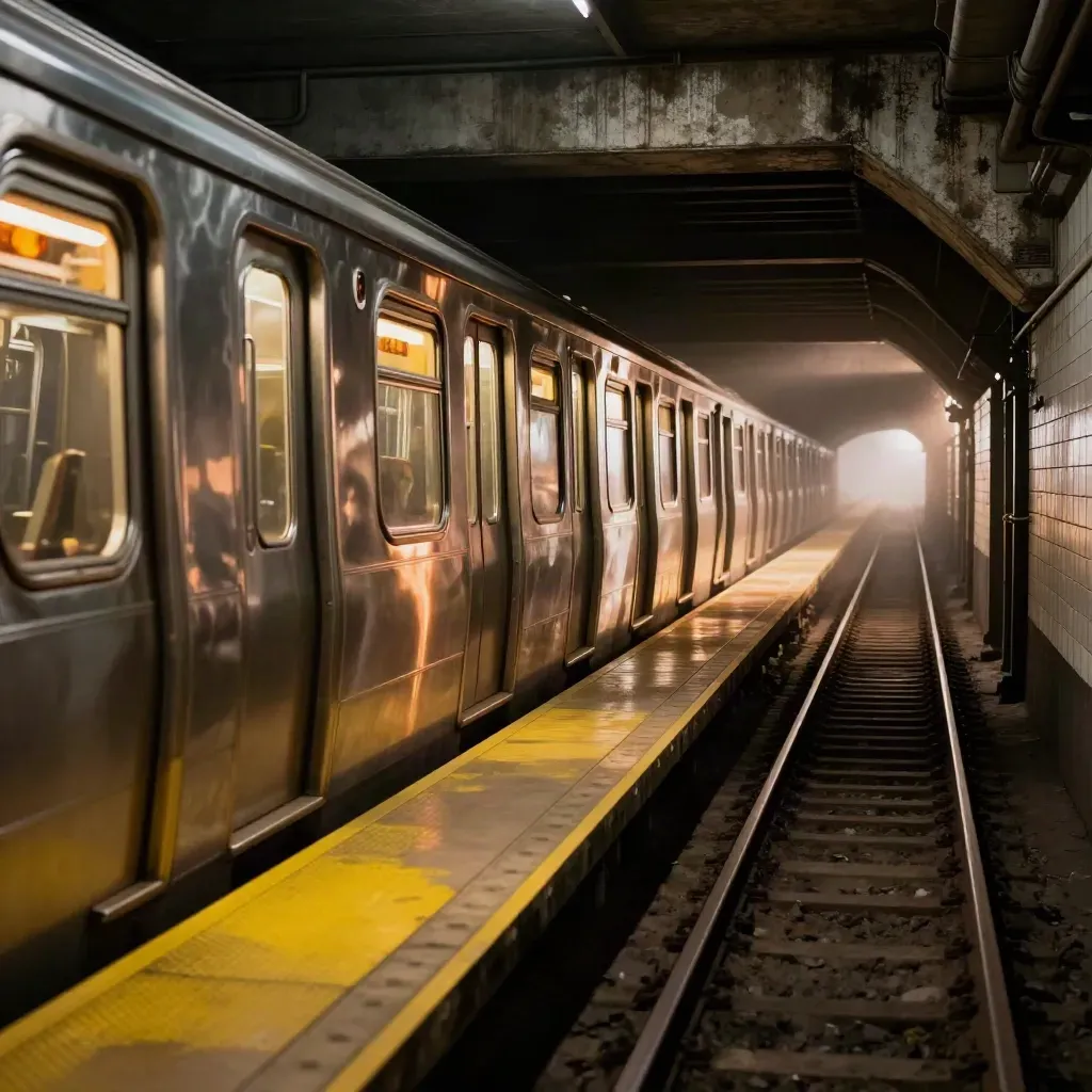 Paused subway platform with a stopped train, amber glow, tile walls, and hazy tunnel reflections.