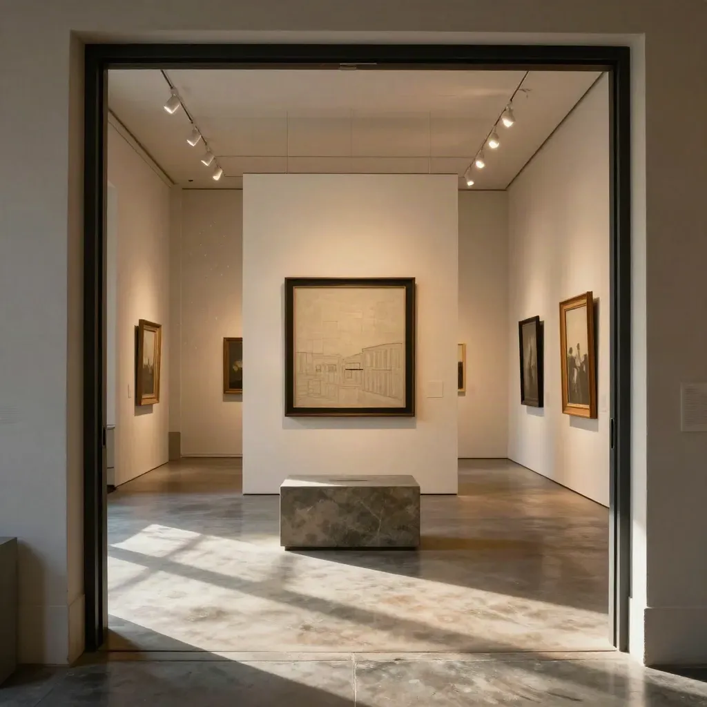 Harlem gallery interior with framed art, sculptural plinth, and warm light through dust motes