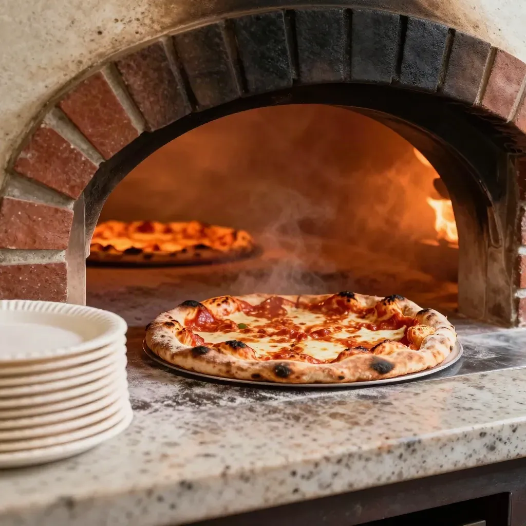 Brooklyn pizzeria oven mouth with blistering pies, flour dust, and warm orange heat