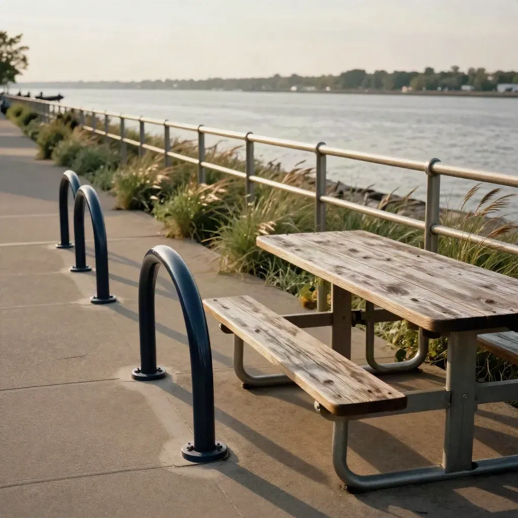 Astoria waterfront path with bike racks, picnic table, river railings and grasses in evening light.